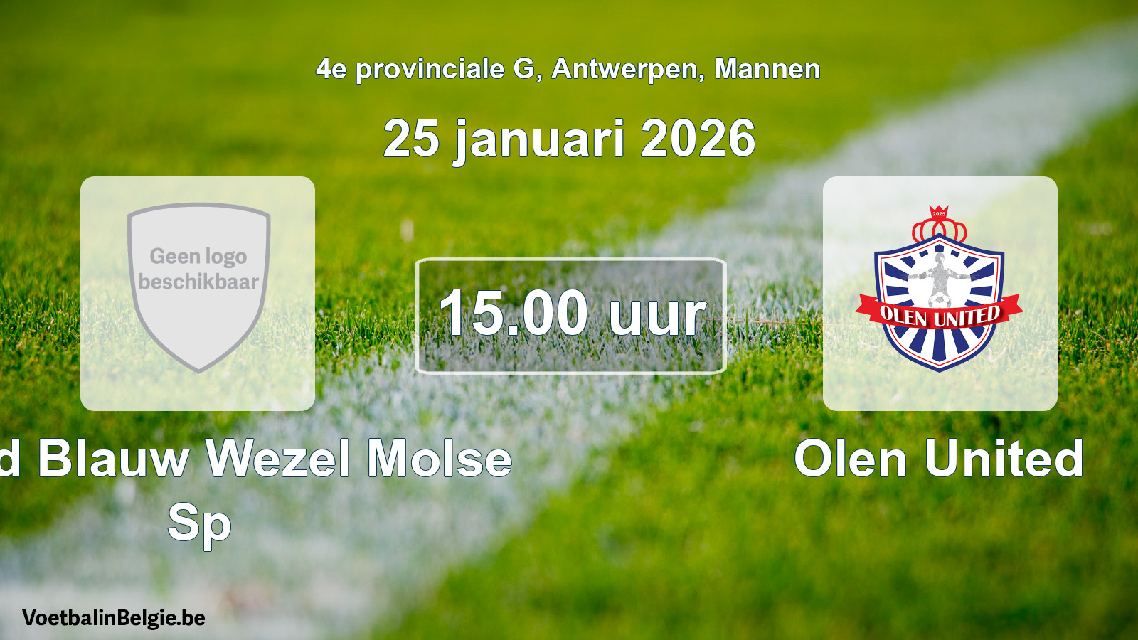 Geplande wedstrijd mannenvoetbal: Rood Blauw Wezel Molse Sp - Olen United (25 januari 2026)