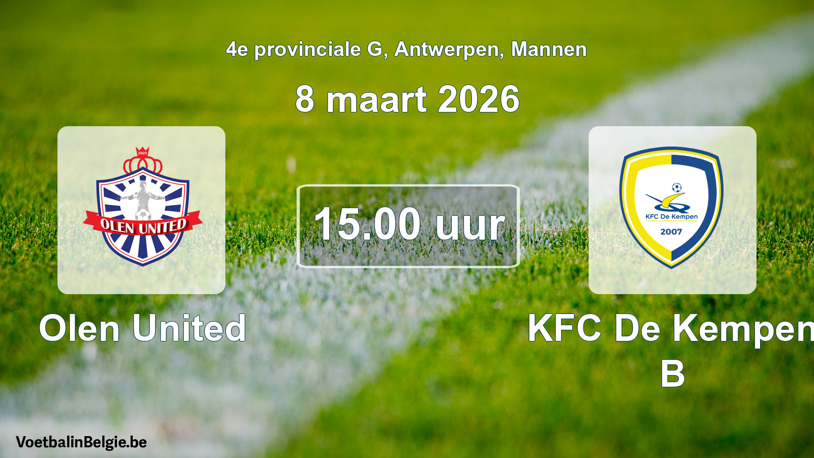 Geplande wedstrijd mannenvoetbal: Olen United - KFC De Kempen B (8 maart 2026)