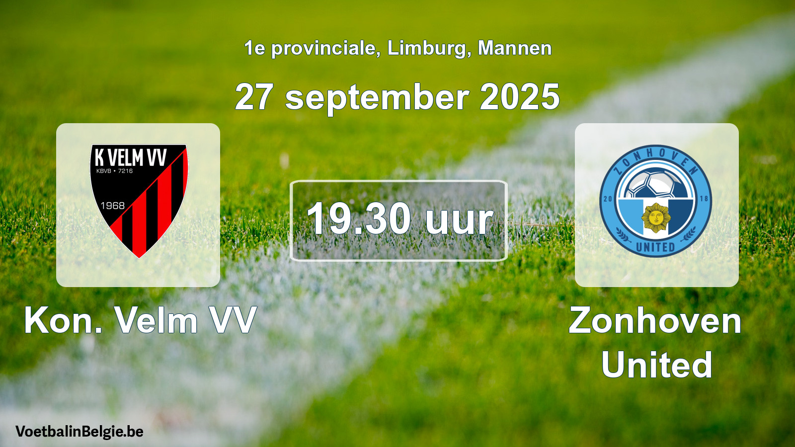Geplande wedstrijd mannenvoetbal: Kon. Velm VV - Zonhoven United (27 september 2025)