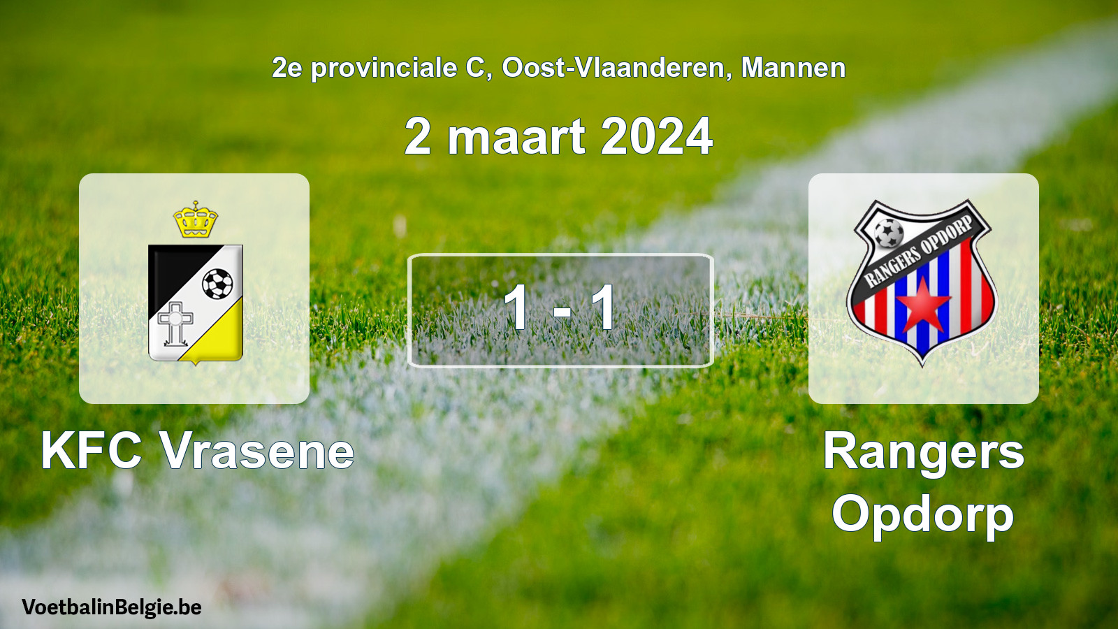 Gespeelde wedstrijd mannenvoetbal: KFC Vrasene - Rangers Opdorp 1 - 1 (2 maart 2024)