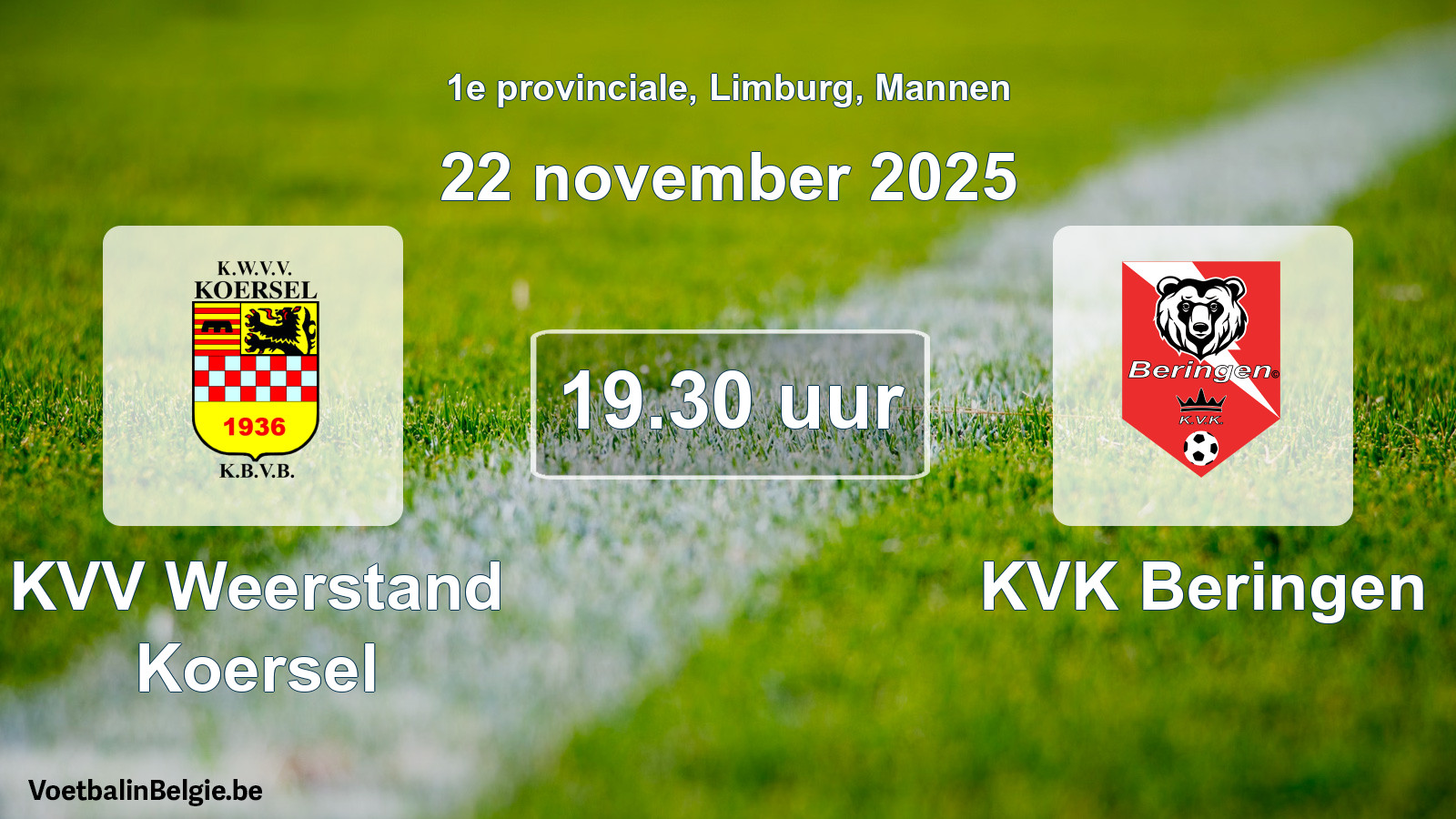 Geplande wedstrijd mannenvoetbal: KVV Weerstand Koersel - KVK Beringen (22 november 2025)