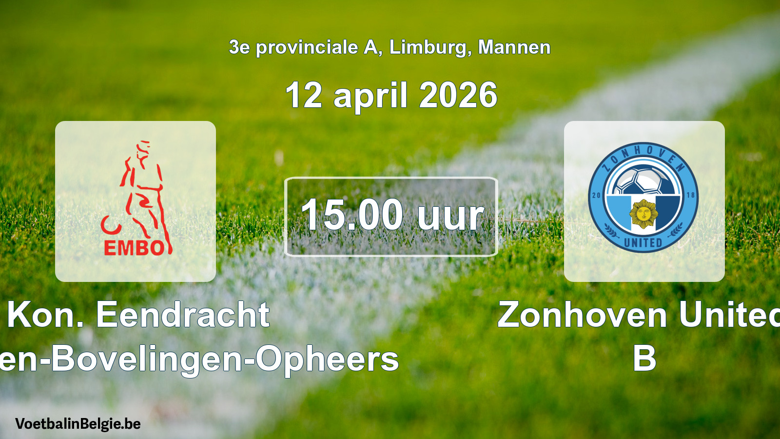 Geplande wedstrijd mannenvoetbal: Kon. Eendracht Mechelen-Bovelingen-Opheers - Zonhoven United B (12 april 2026)