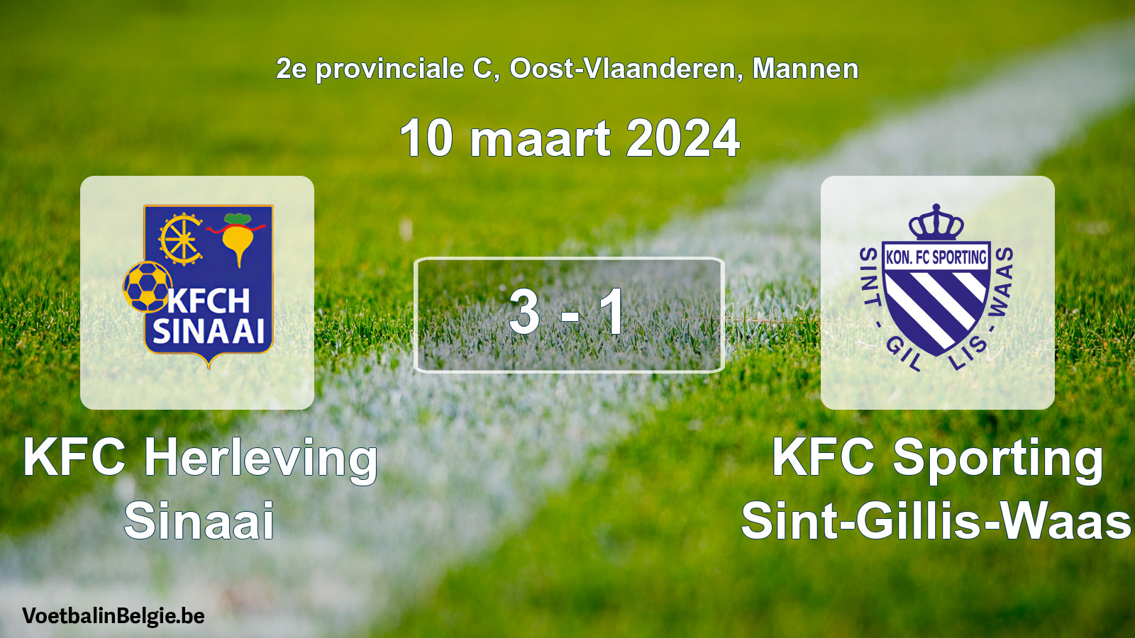 Gespeelde wedstrijd mannenvoetbal: KFC Herleving Sinaai - KFC Sporting Sint-Gillis-Waas 3 - 1 (10 maart 2024)