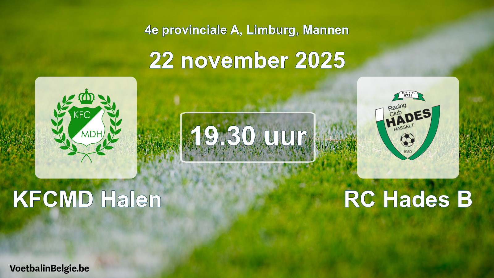 Geplantes Spiel männer-Fußball: KFCMD Halen - RC Hades B (22 November 2025)