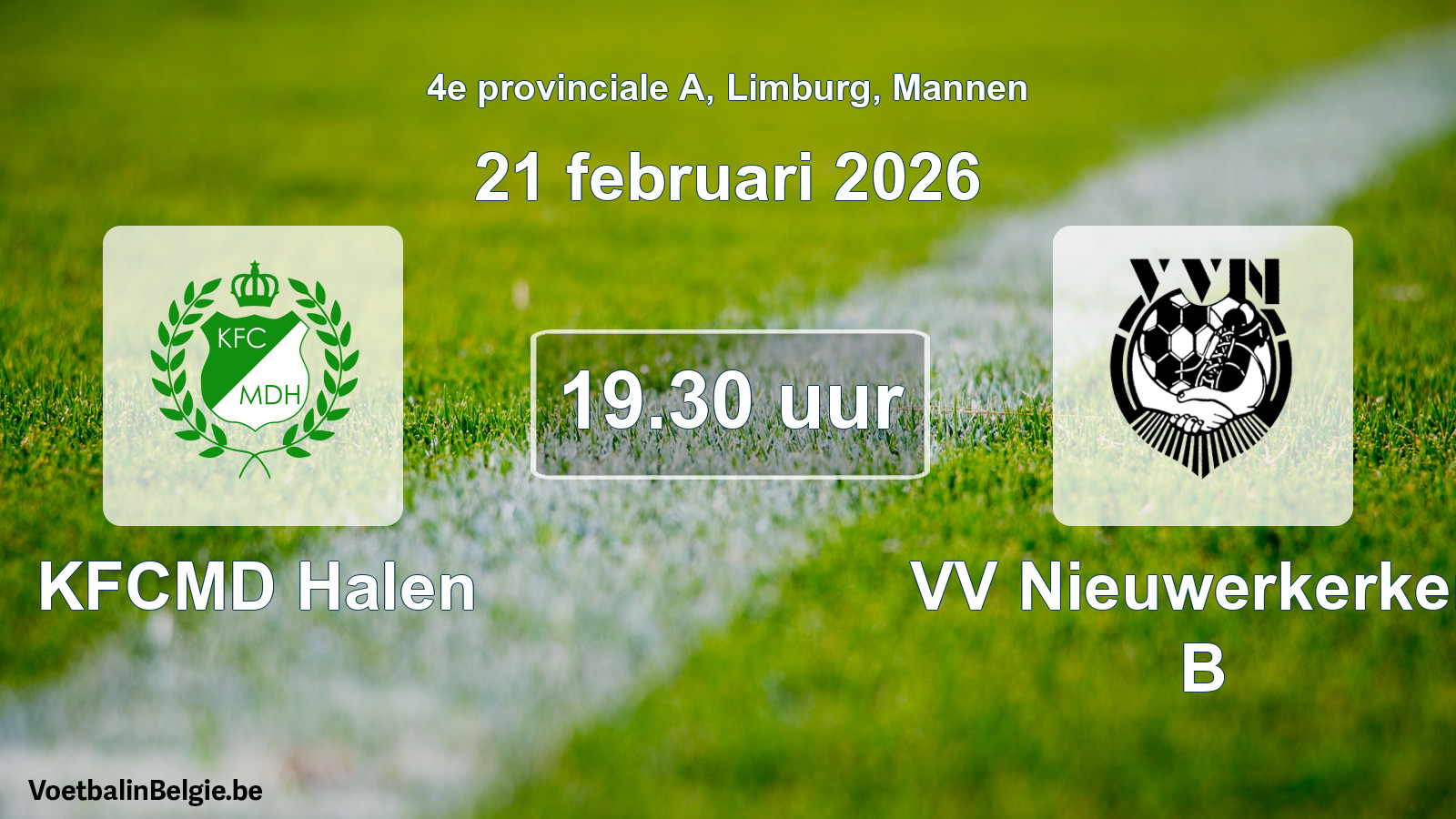 Geplande wedstrijd mannenvoetbal: KFCMD Halen - VV Nieuwerkerken B (21 februari 2026)