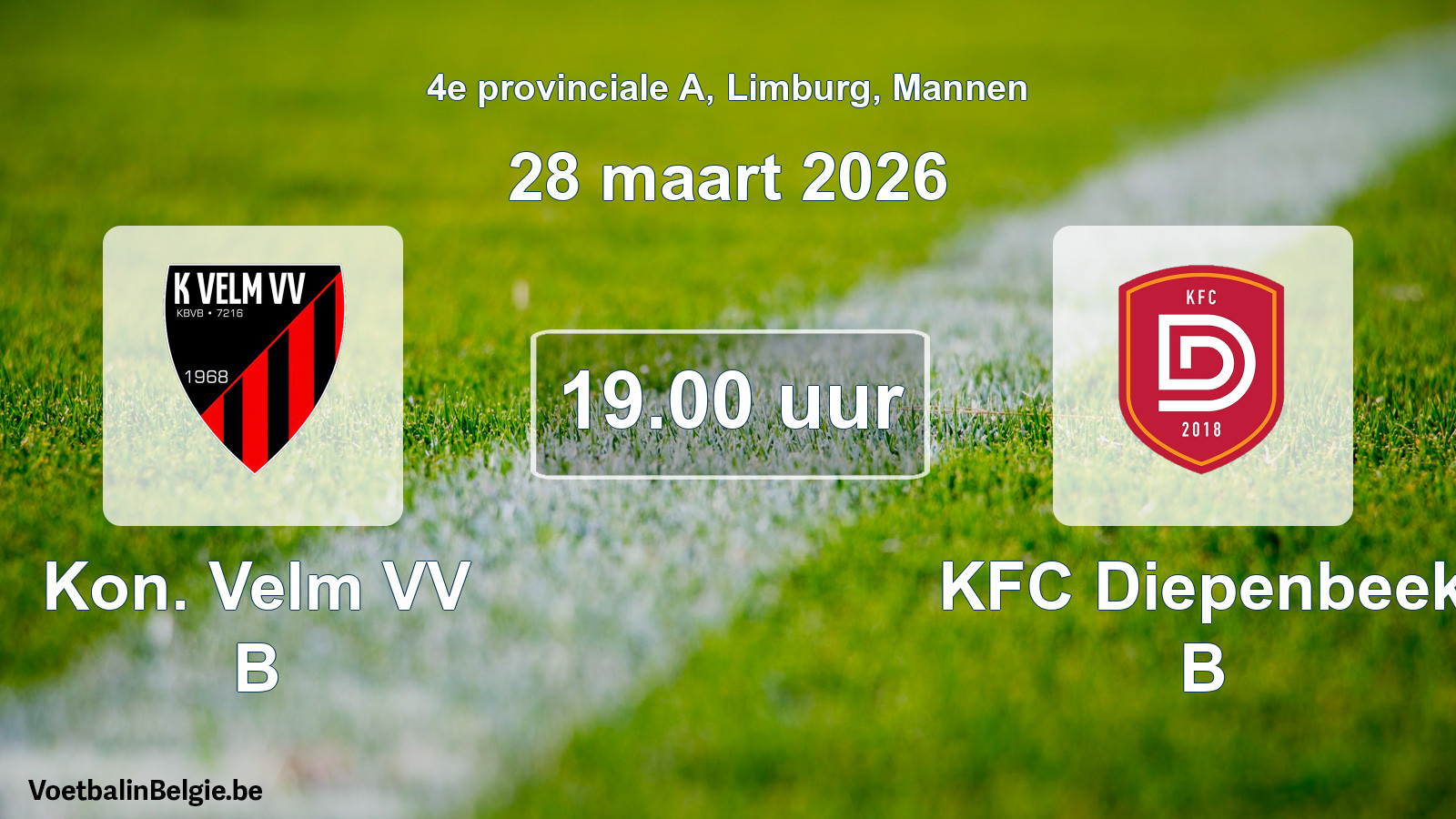 Geplande wedstrijd mannenvoetbal: Kon. Velm VV B - KFC Diepenbeek B (28 maart 2026)