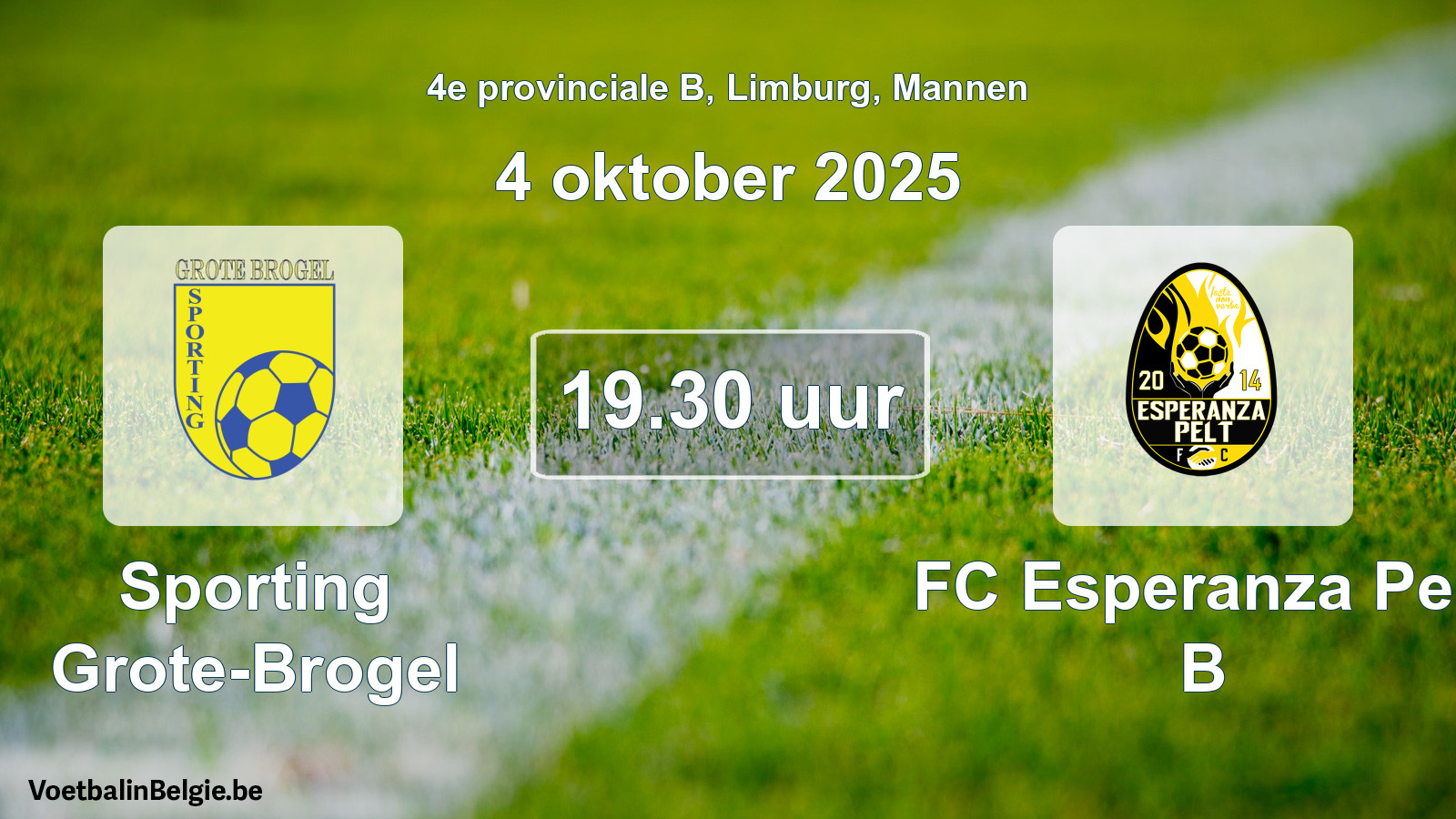 Scheduled match men football: Sporting Grote-Brogel - FC Esperanza Pelt B (4 October 2025)