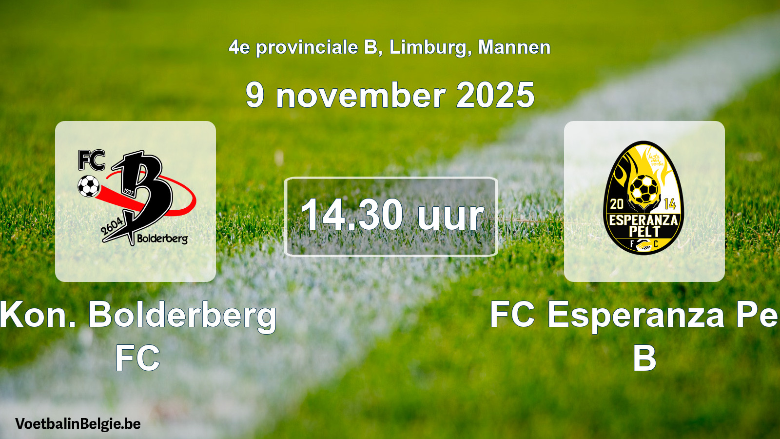 Scheduled match men football: Kon. Bolderberg FC - FC Esperanza Pelt B (9 November 2025)