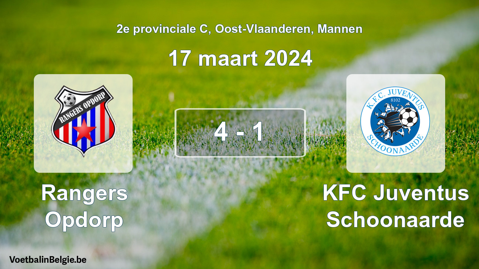 Gespeelde wedstrijd mannenvoetbal: Rangers Opdorp - KFC Juventus Schoonaarde 4 - 1 (17 maart 2024)