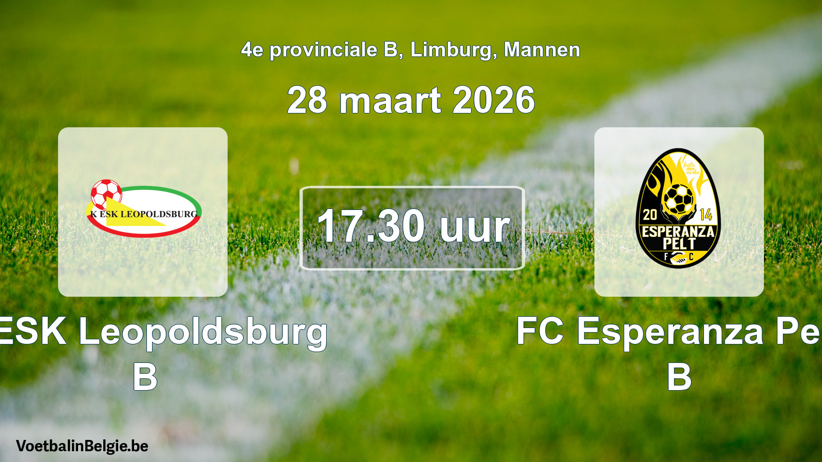 Geplande wedstrijd mannenvoetbal: KESK Leopoldsburg B - FC Esperanza Pelt B (28 maart 2026)