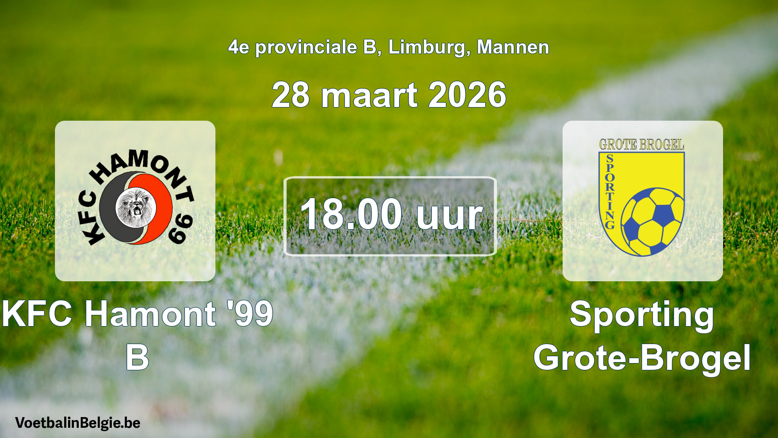 Geplande wedstrijd mannenvoetbal: KFC Hamont '99 B - Sporting Grote-Brogel (28 maart 2026)