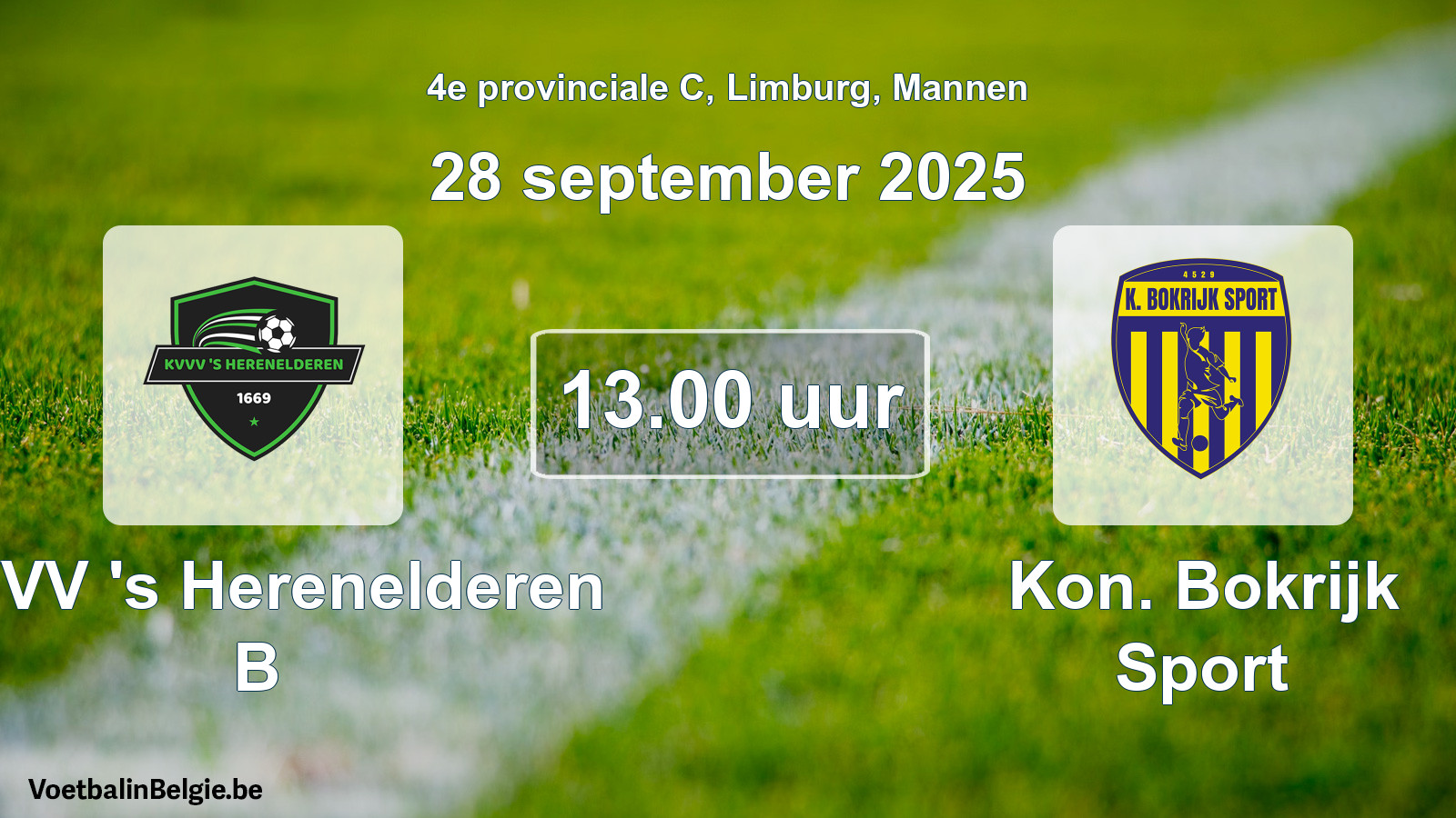 Geplande wedstrijd mannenvoetbal: KVVV 's Herenelderen B - Kon. Bokrijk Sport (28 september 2025)