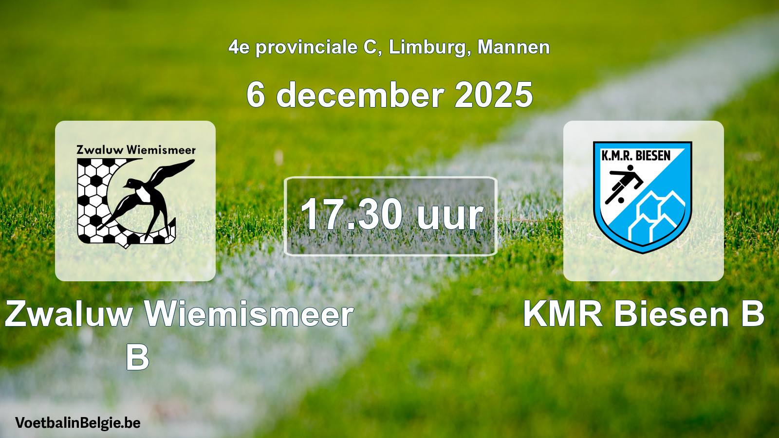 Scheduled match men football: KFC Zwaluw Wiemismeer B - KMR Biesen B (6 December 2025)