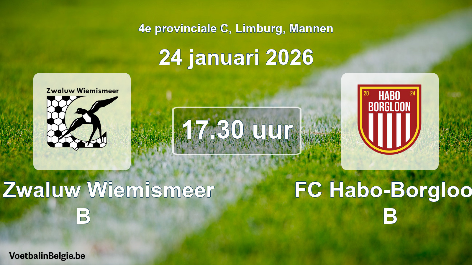 Scheduled match men football: KFC Zwaluw Wiemismeer B - FC Habo-Borgloon B (24 January 2026)