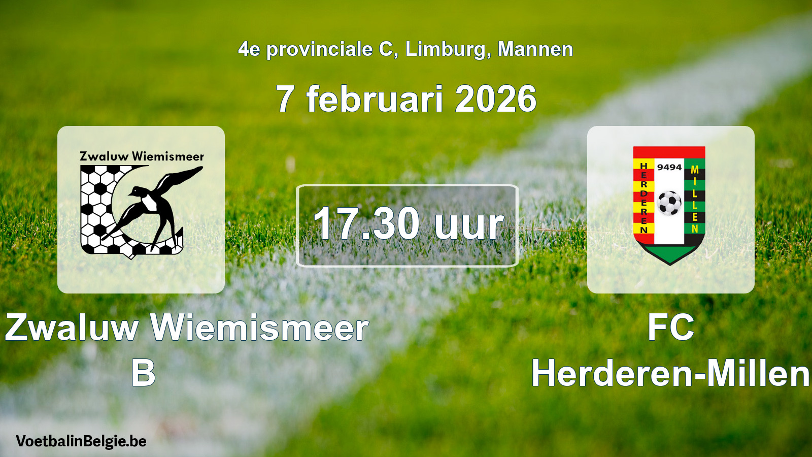 Scheduled match men football: KFC Zwaluw Wiemismeer B - FC Herderen-Millen (7 February 2026)