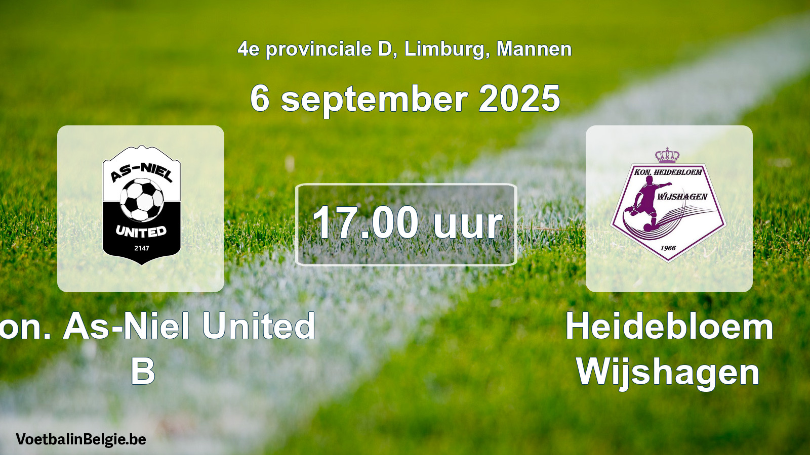 Match prévu football hommes: Kon. As-Niel United B - Heidebloem Wijshagen (6 septembre 2025)