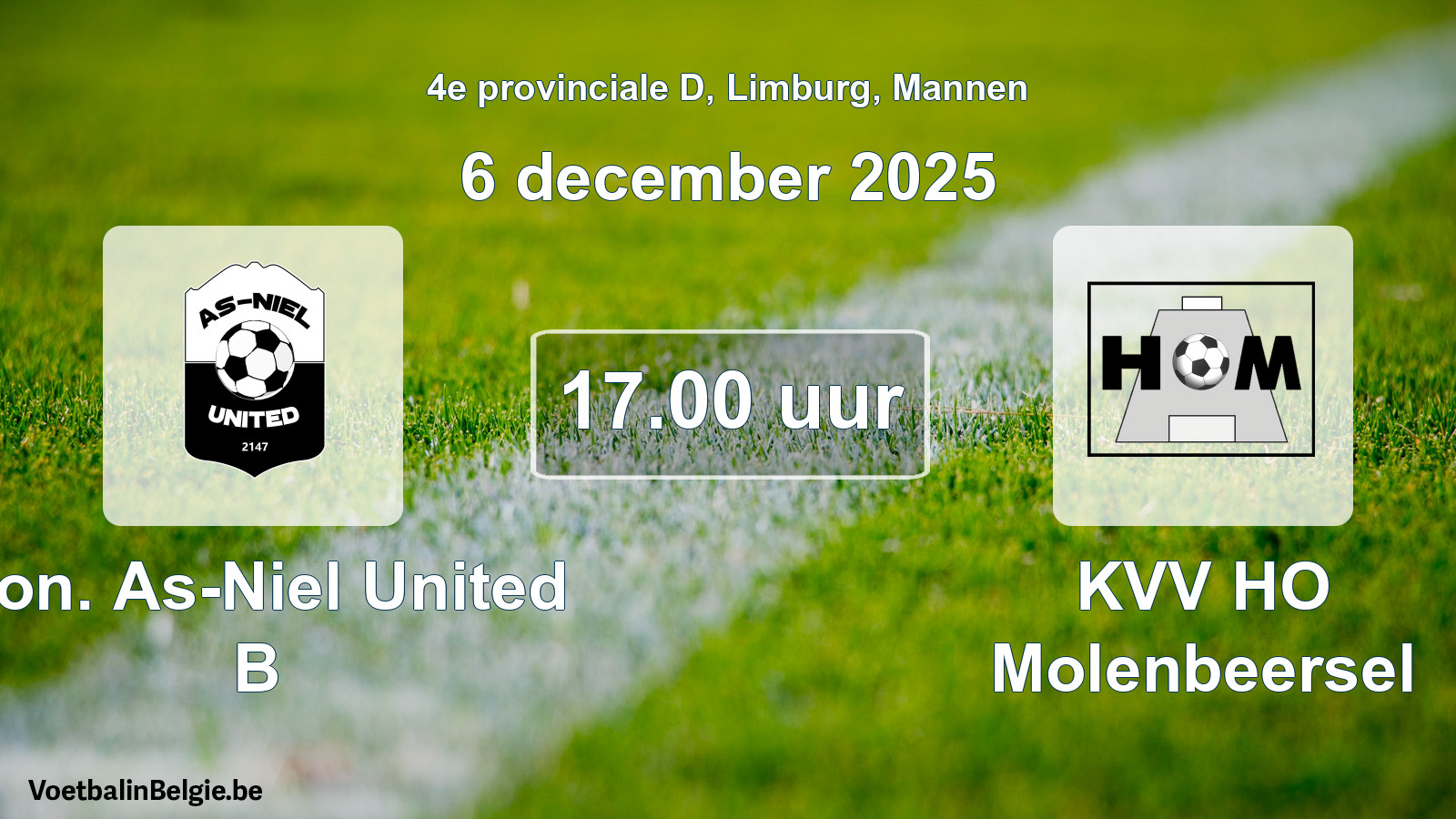 Geplande wedstrijd mannenvoetbal: Kon. As-Niel United B - KVV HO Molenbeersel (6 december 2025)