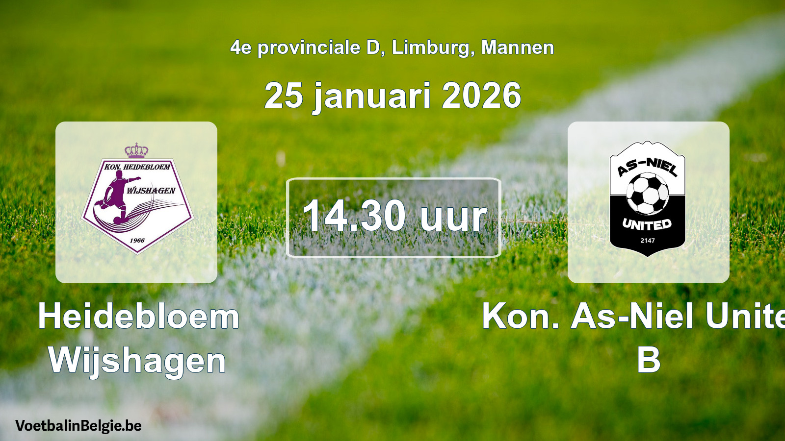 Geplantes Spiel männer-Fußball: Heidebloem Wijshagen - Kon. As-Niel United B (25 Januar 2026)