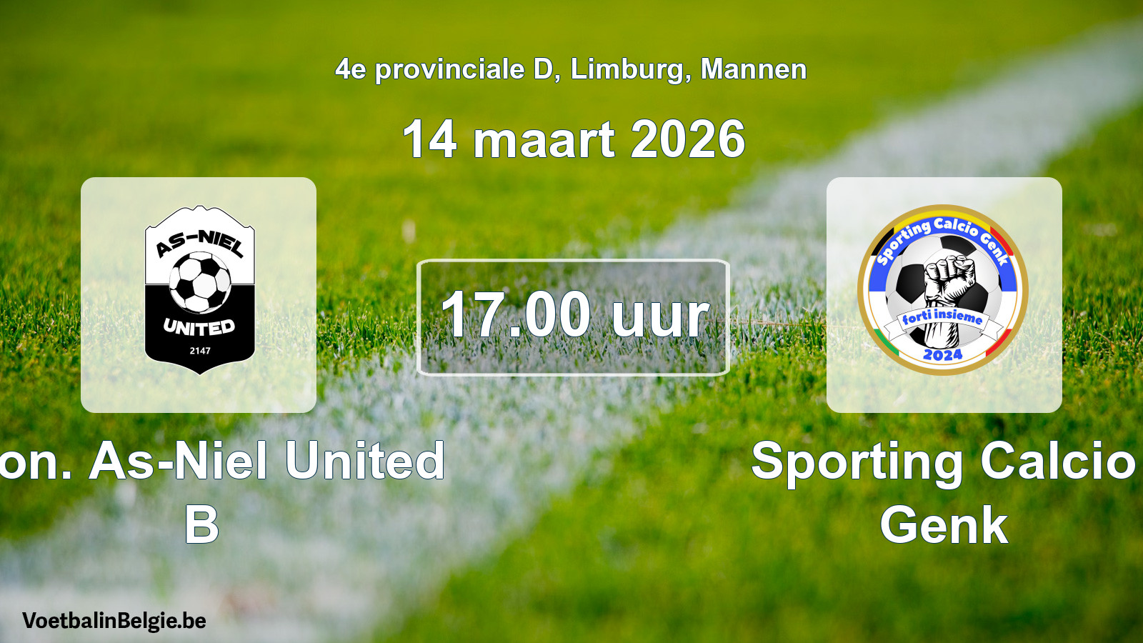 Scheduled match men football: Kon. As-Niel United B - Sporting Calcio Genk (14 March 2026)