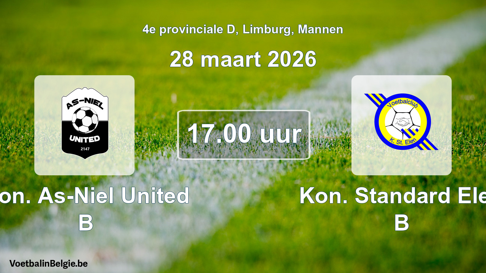 Scheduled match men football: Kon. As-Niel United B - Kon. Standard Elen B (28 March 2026)