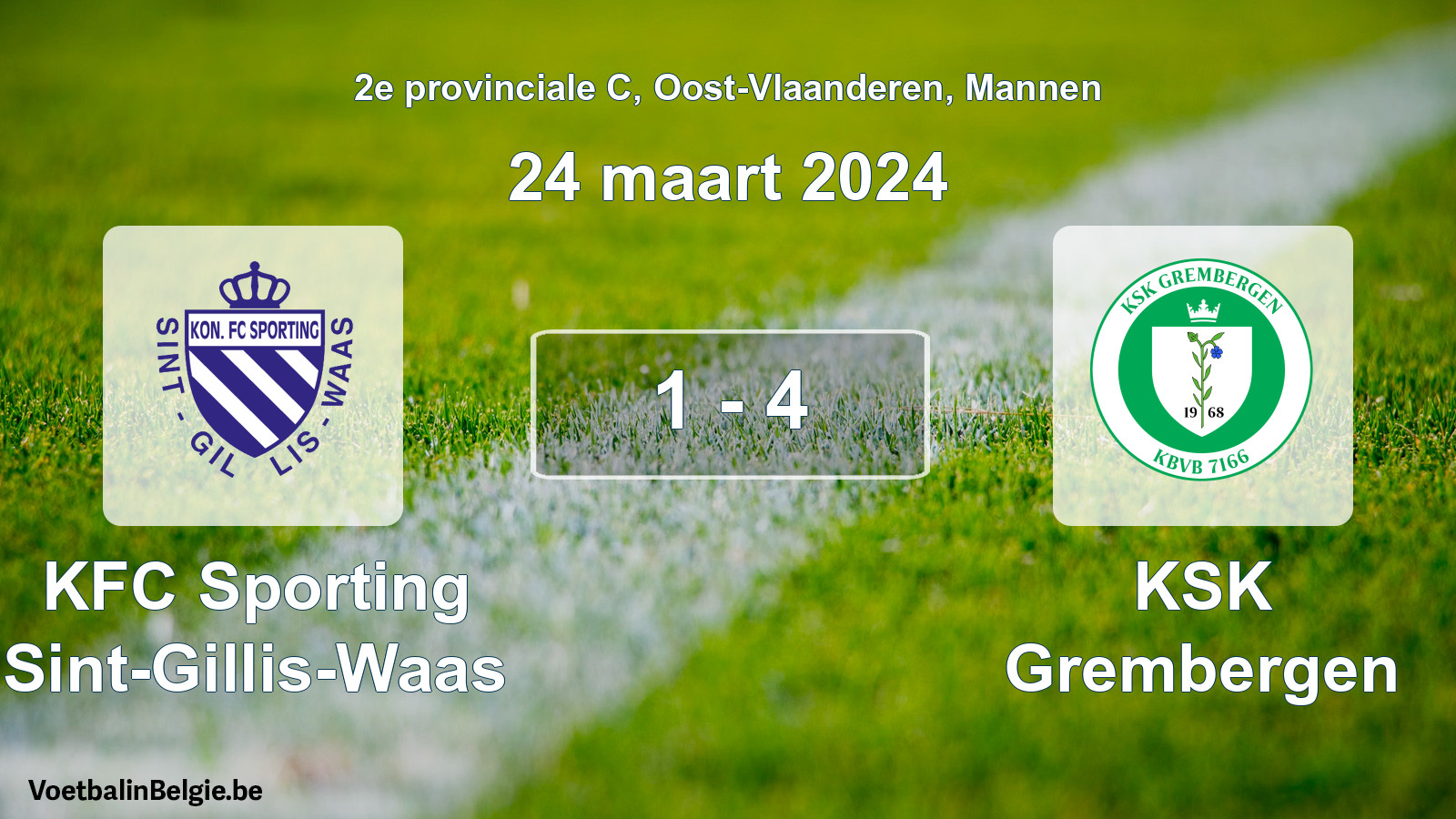 Gespeelde wedstrijd mannenvoetbal: KFC Sporting Sint-Gillis-Waas - KSK Grembergen 1 - 4 (24 maart 2024)