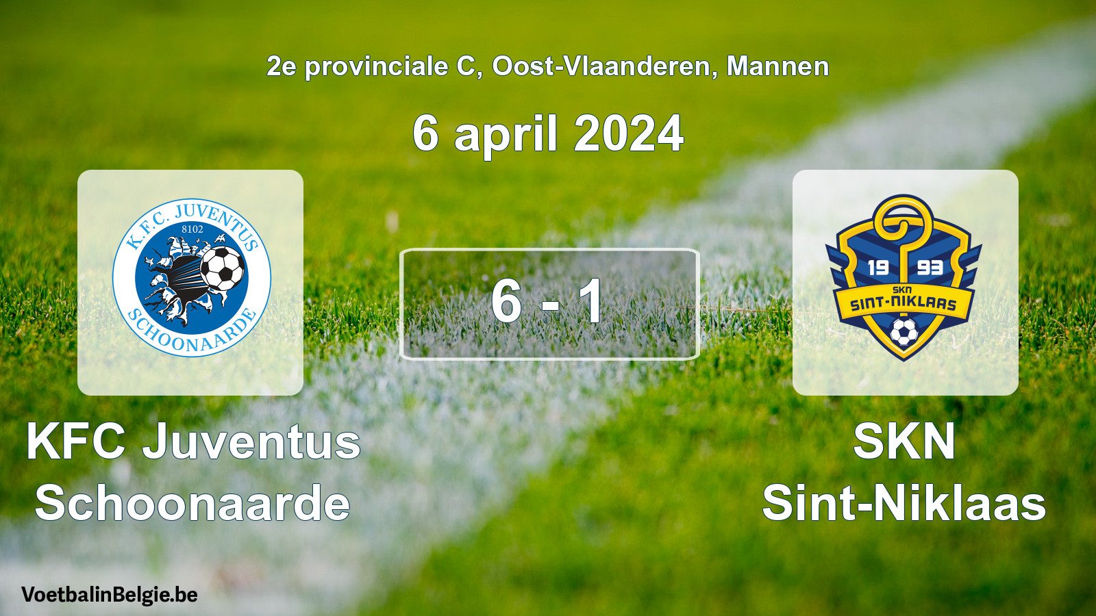 Gespeelde wedstrijd mannenvoetbal: KFC Juventus Schoonaarde - SKN Sint-Niklaas 6 - 1 (6 april 2024)