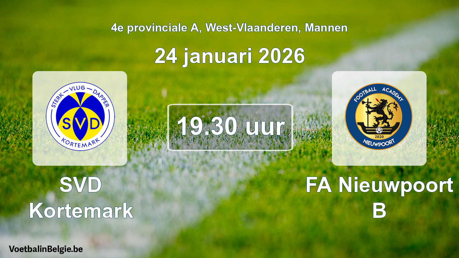 Geplande wedstrijd mannenvoetbal: SVD Kortemark - FA Nieuwpoort B (24 januari 2026)