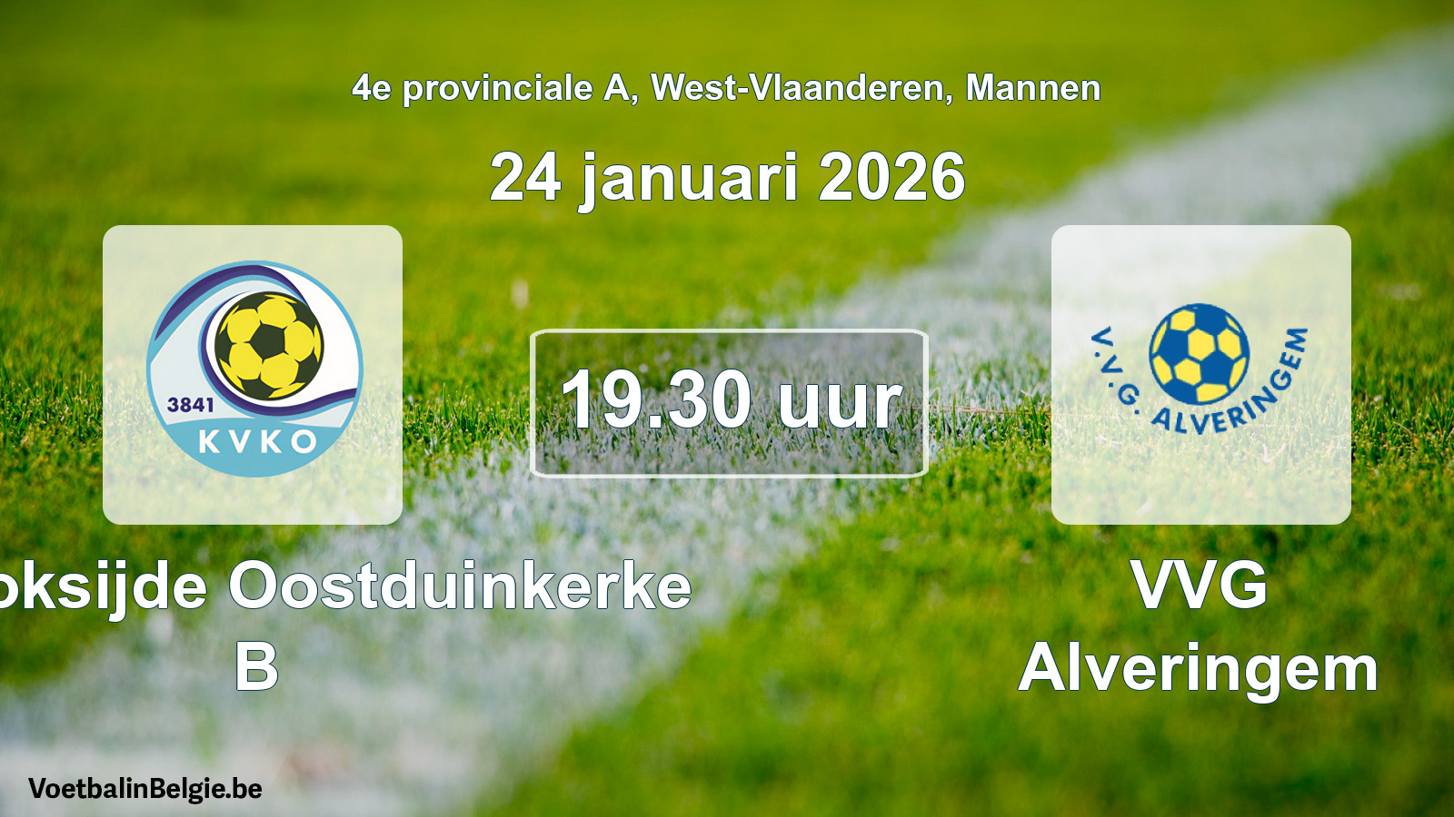 Match prévu football hommes: KV Koksijde Oostduinkerke B - VVG Alveringem (24 janvier 2026)