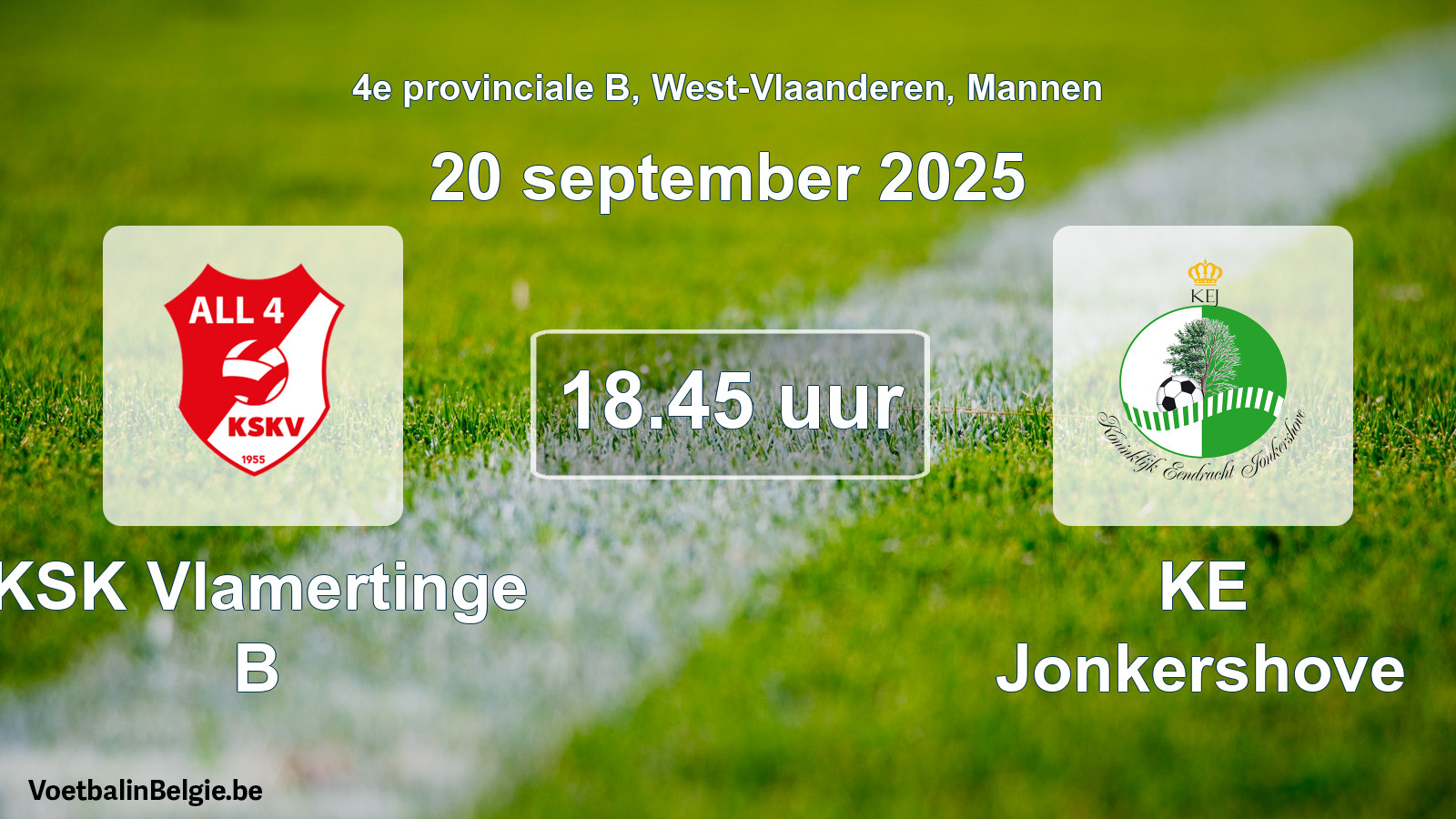 Geplande wedstrijd mannenvoetbal: KSK Vlamertinge B - KE Jonkershove (20 september 2025)