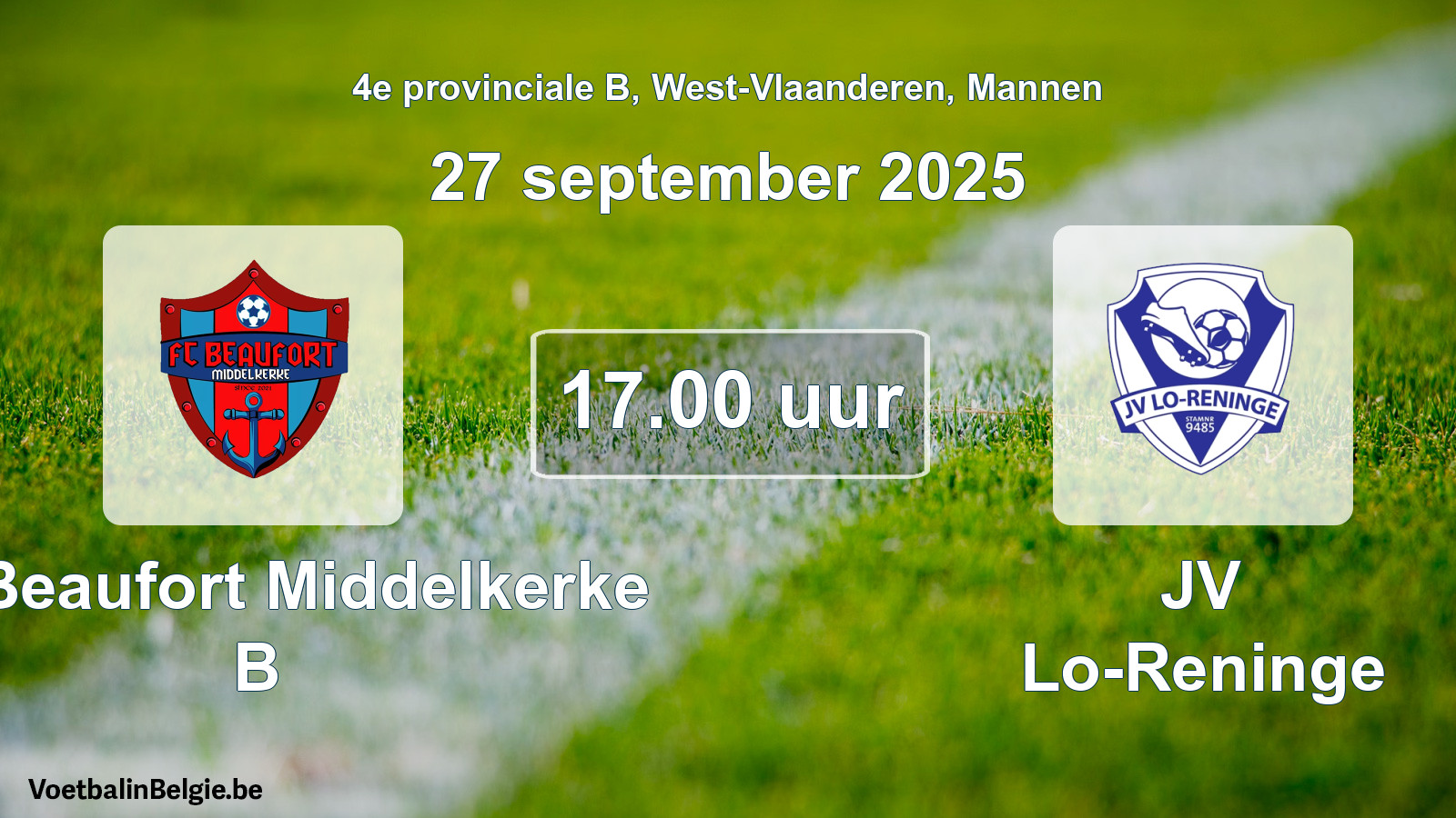 Geplande wedstrijd mannenvoetbal: FC Beaufort Middelkerke B - JV Lo-Reninge (27 september 2025)