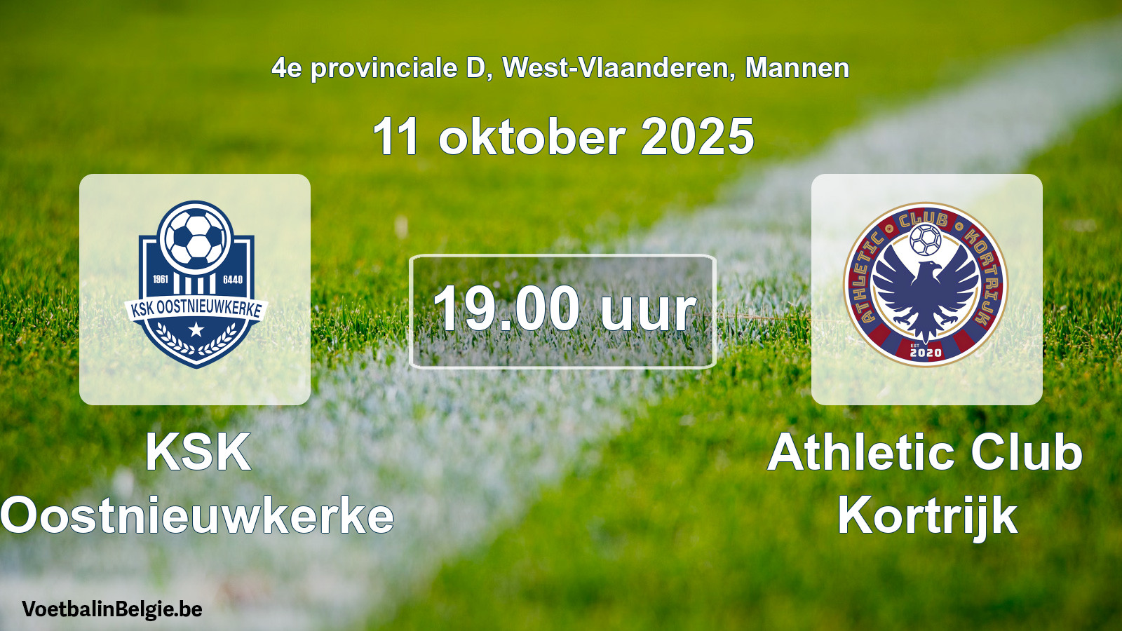 Match prévu football hommes: KSK Oostnieuwkerke - Athletic Club Kortrijk (11 octobre 2025)