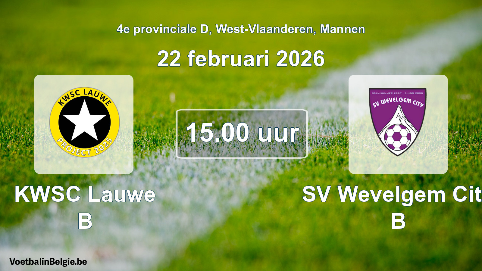 Geplande wedstrijd mannenvoetbal: KWSC Lauwe B - SV Wevelgem City B (22 februari 2026)