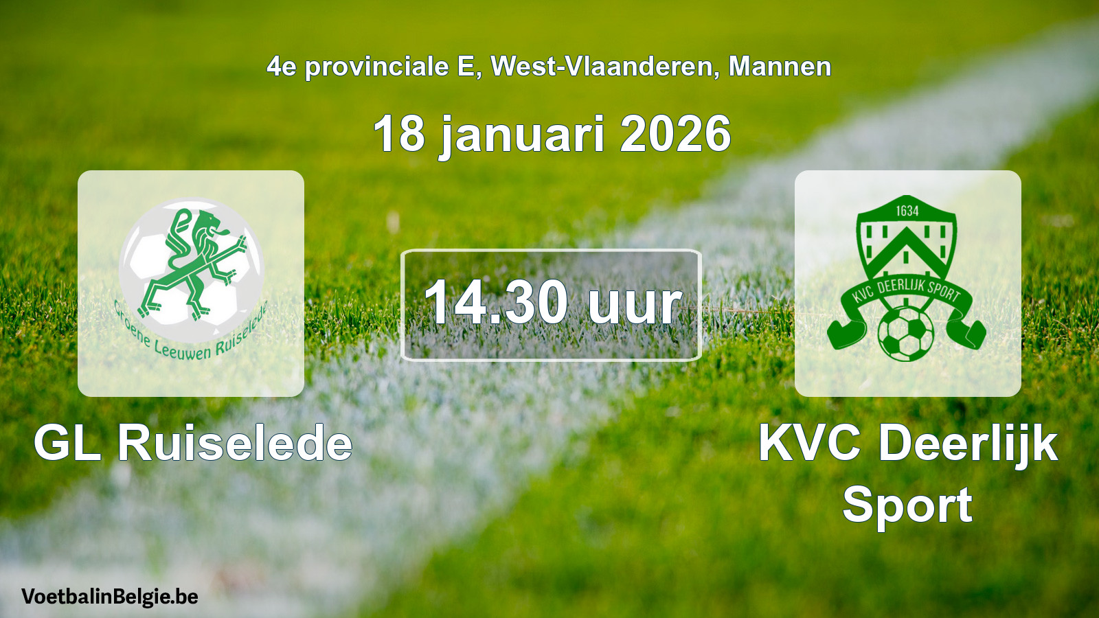 Geplande wedstrijd mannenvoetbal: GL Ruiselede - KVC Deerlijk Sport (18 januari 2026)