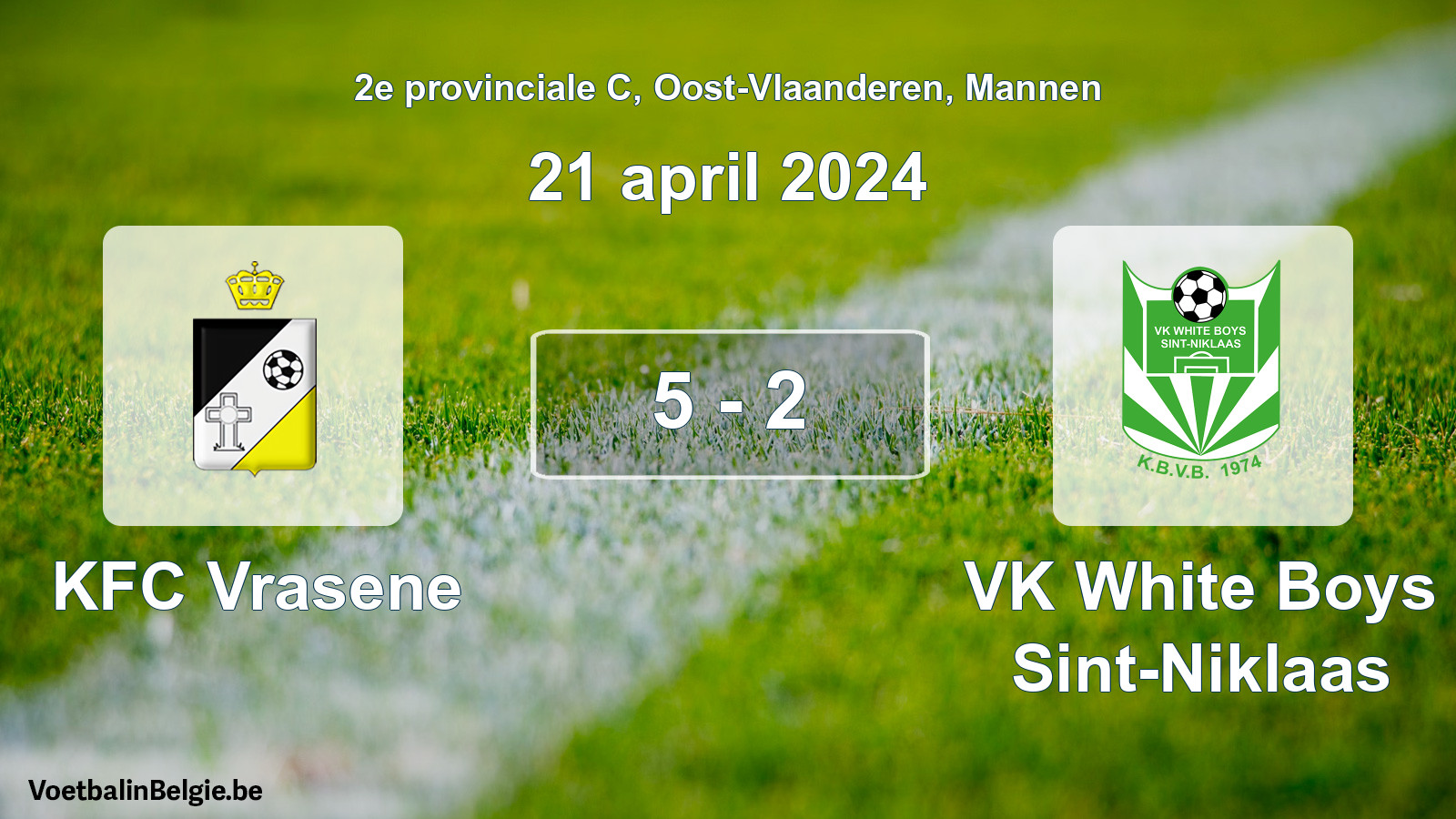 Gespeelde wedstrijd mannenvoetbal: KFC Vrasene - VK White Boys Sint-Niklaas 5 - 2 (21 april 2024)
