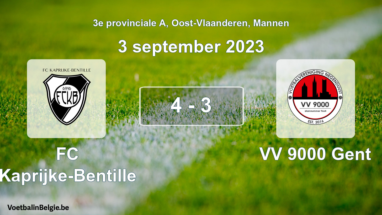 Gespeelde wedstrijd mannenvoetbal: FC Kaprijke-Bentille - VV 9000 Gent 4 - 3 (3 september 2023)