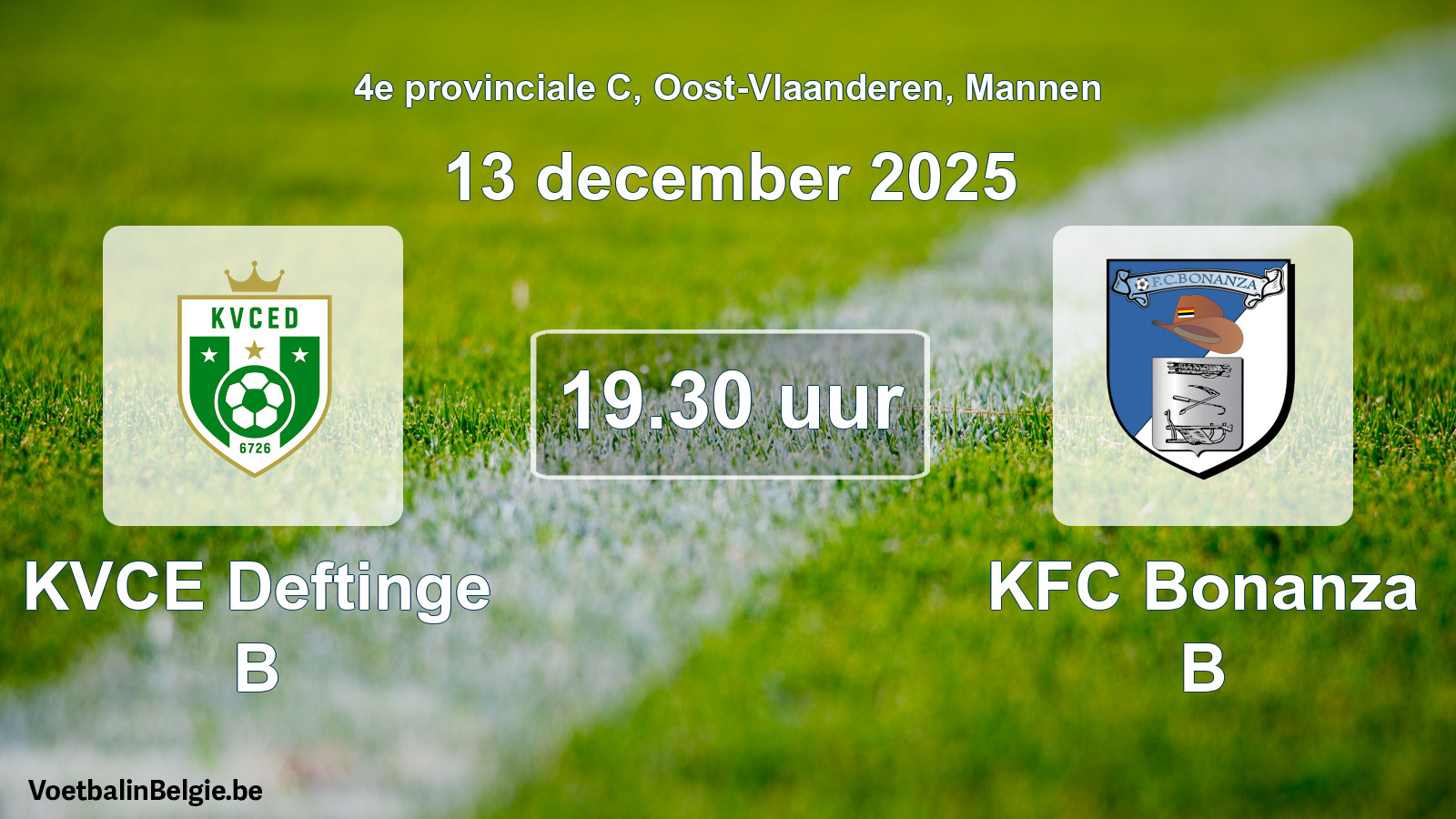 Geplande wedstrijd mannenvoetbal: KVCE Deftinge B - KFC Bonanza B (13 december 2025)