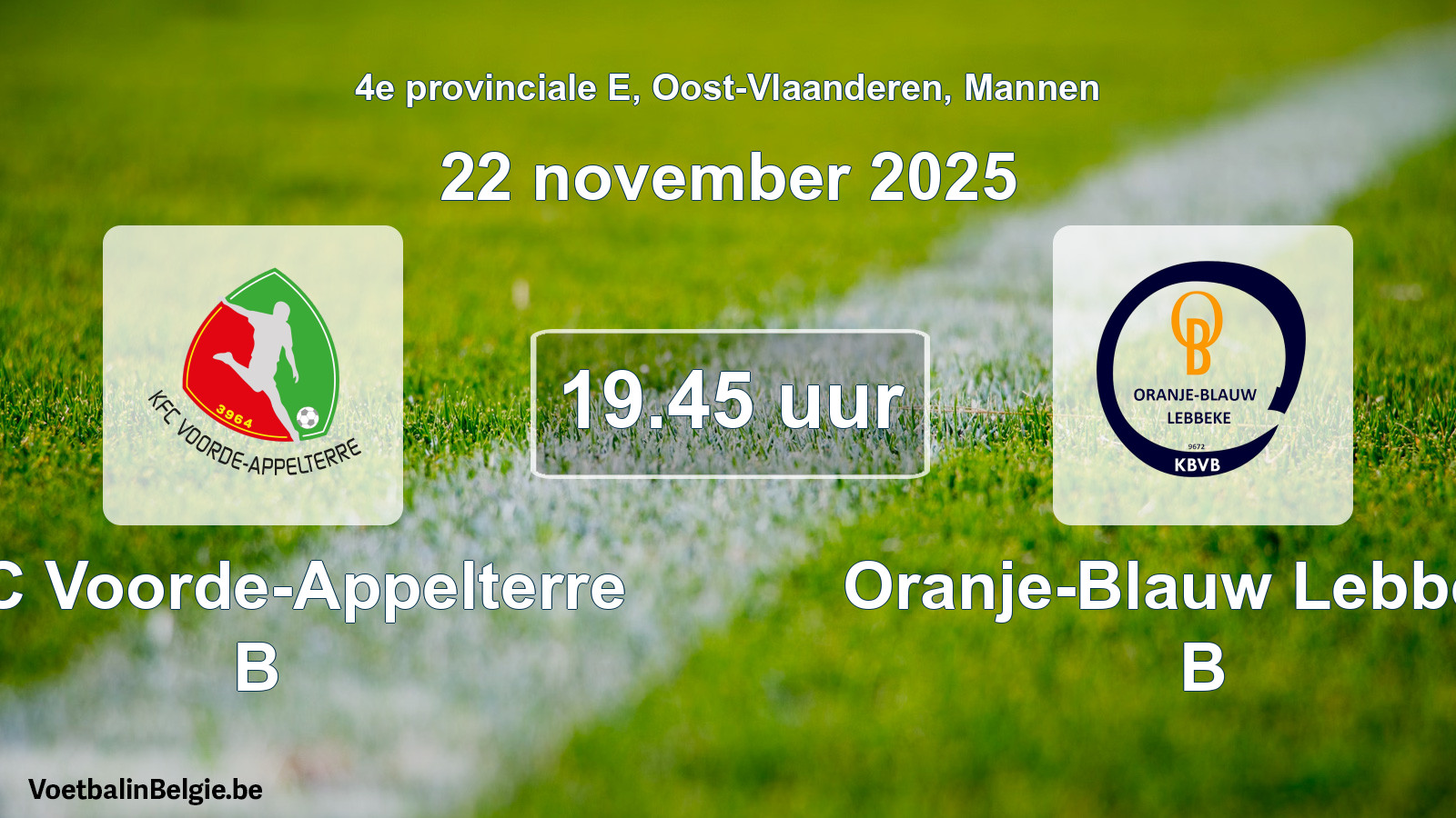 Geplande wedstrijd mannenvoetbal: KFC Voorde-Appelterre B - Oranje-Blauw Lebbeke B (22 november 2025)