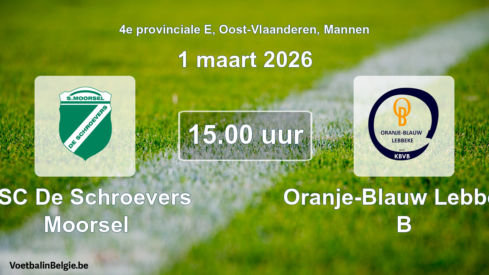 Geplande wedstrijd mannenvoetbal: KSC De Schroevers Moorsel - Oranje-Blauw Lebbeke B (1 maart 2026)