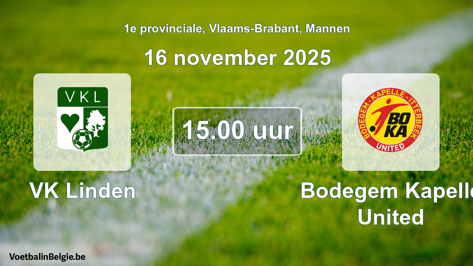 Geplande wedstrijd mannenvoetbal: VK Linden - Bodegem Kapelle United (16 november 2025)