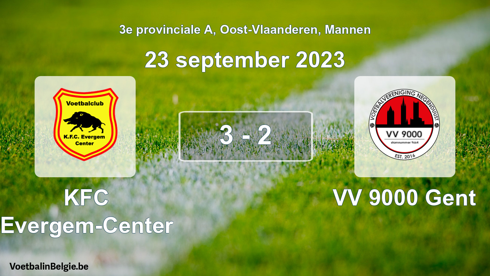 Gespeelde wedstrijd mannenvoetbal: KFC Evergem-Center - VV 9000 Gent 3 - 2 (23 september 2023)