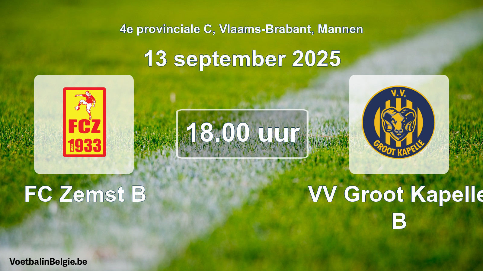 Geplande wedstrijd mannenvoetbal: FC Zemst B - VV Groot Kapelle B (13 september 2025)