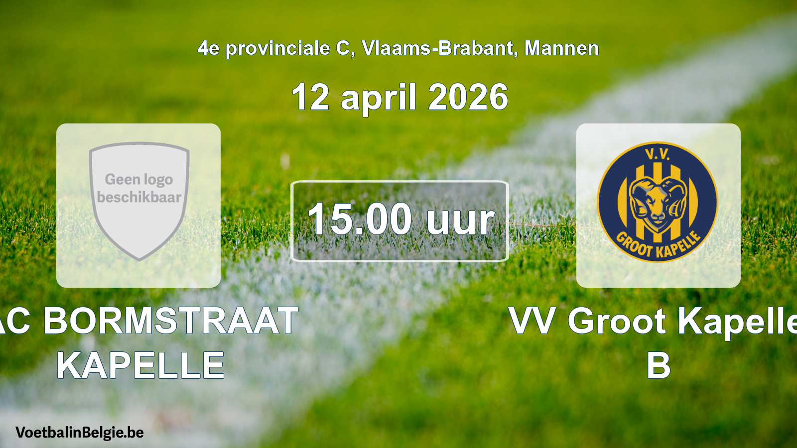 Scheduled match men football: AC BORMSTRAAT KAPELLE - VV Groot Kapelle B (12 April 2026)