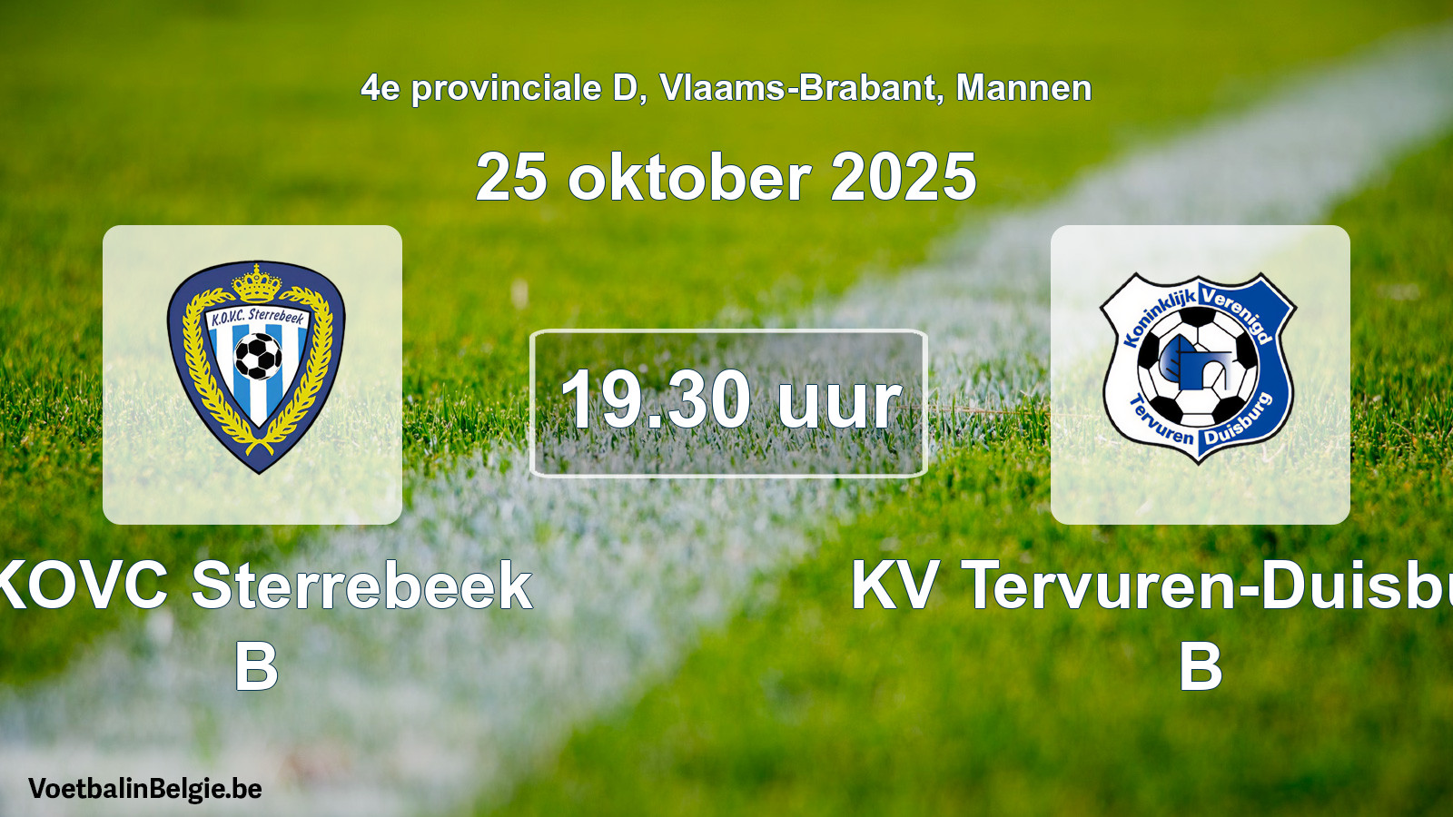 Match prévu football hommes: KOVC Sterrebeek B - KV Tervuren-Duisburg B (25 octobre 2025)