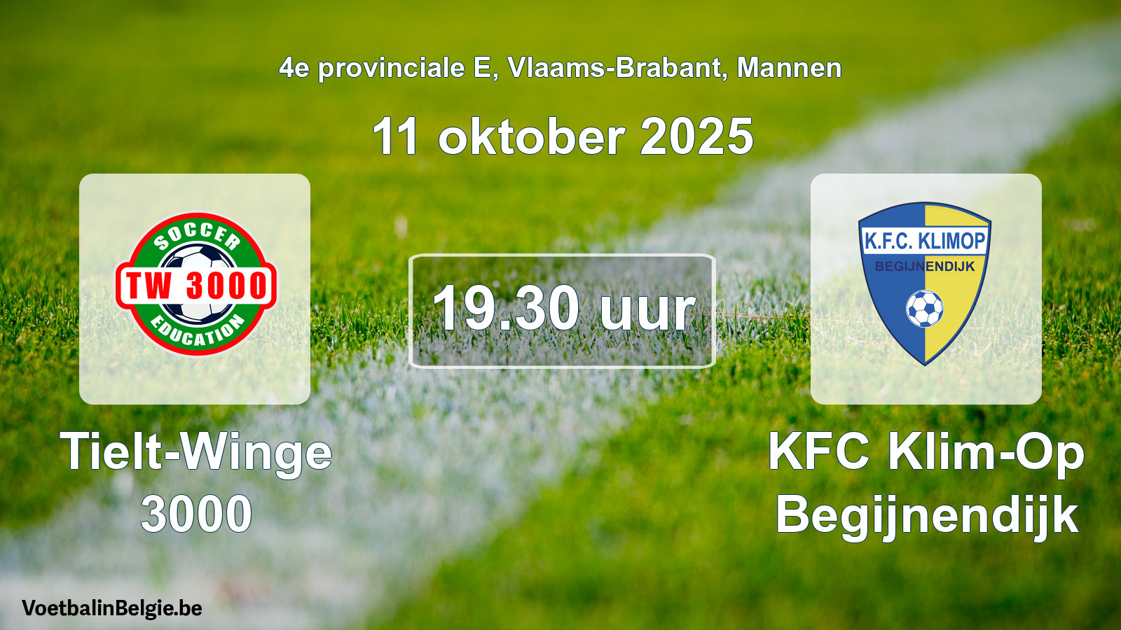Geplande wedstrijd mannenvoetbal: Tielt-Winge 3000 - KFC Klim-Op Begijnendijk (11 oktober 2025)