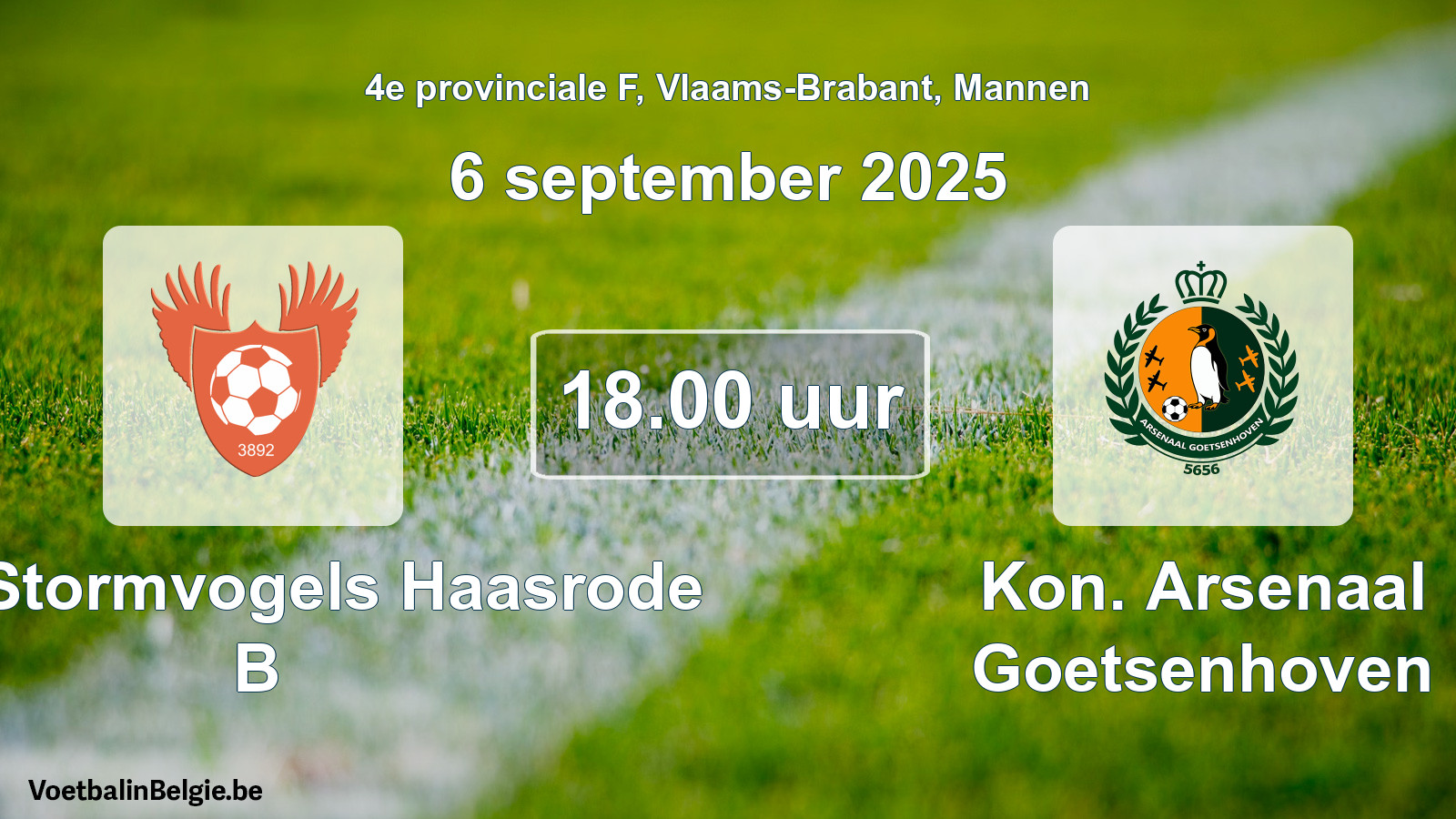 Geplande wedstrijd mannenvoetbal: Kon. Stormvogels Haasrode B - Kon. Arsenaal Goetsenhoven (6 september 2025)