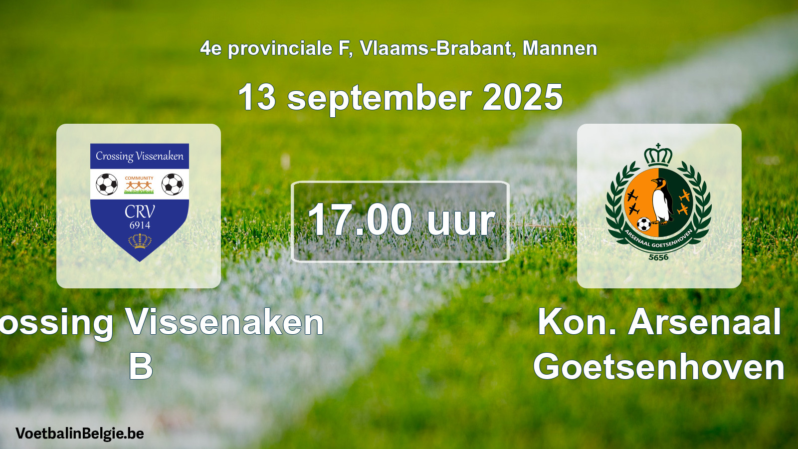 Geplande wedstrijd mannenvoetbal: Crossing Vissenaken B - Kon. Arsenaal Goetsenhoven (13 september 2025)