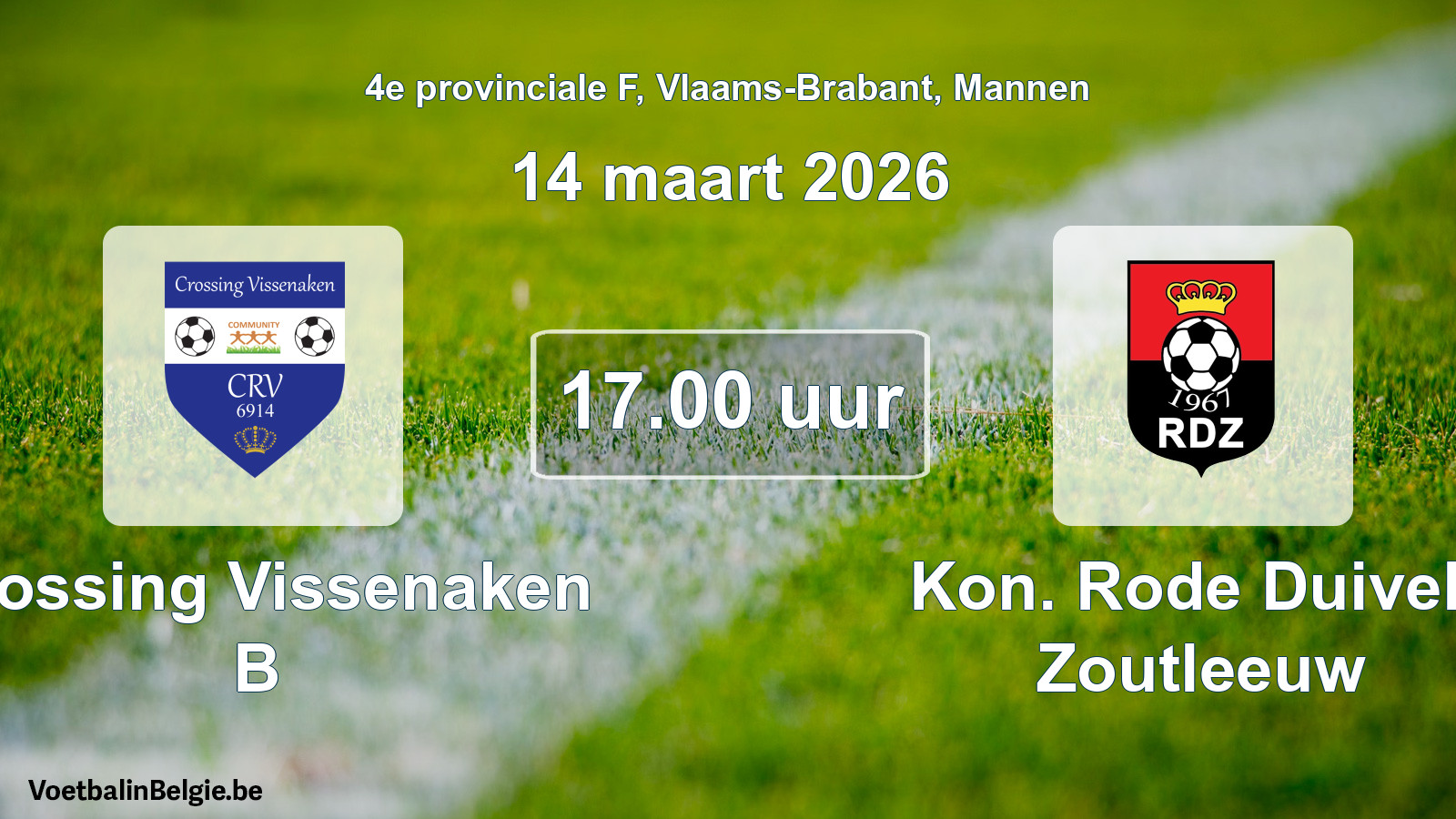 Geplande wedstrijd mannenvoetbal: Crossing Vissenaken B - Kon. Rode Duivels Zoutleeuw (14 maart 2026)