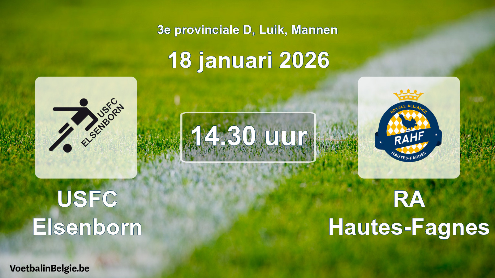 Match prévu football hommes: USFC Elsenborn - RA Hautes-Fagnes (18 janvier 2026)