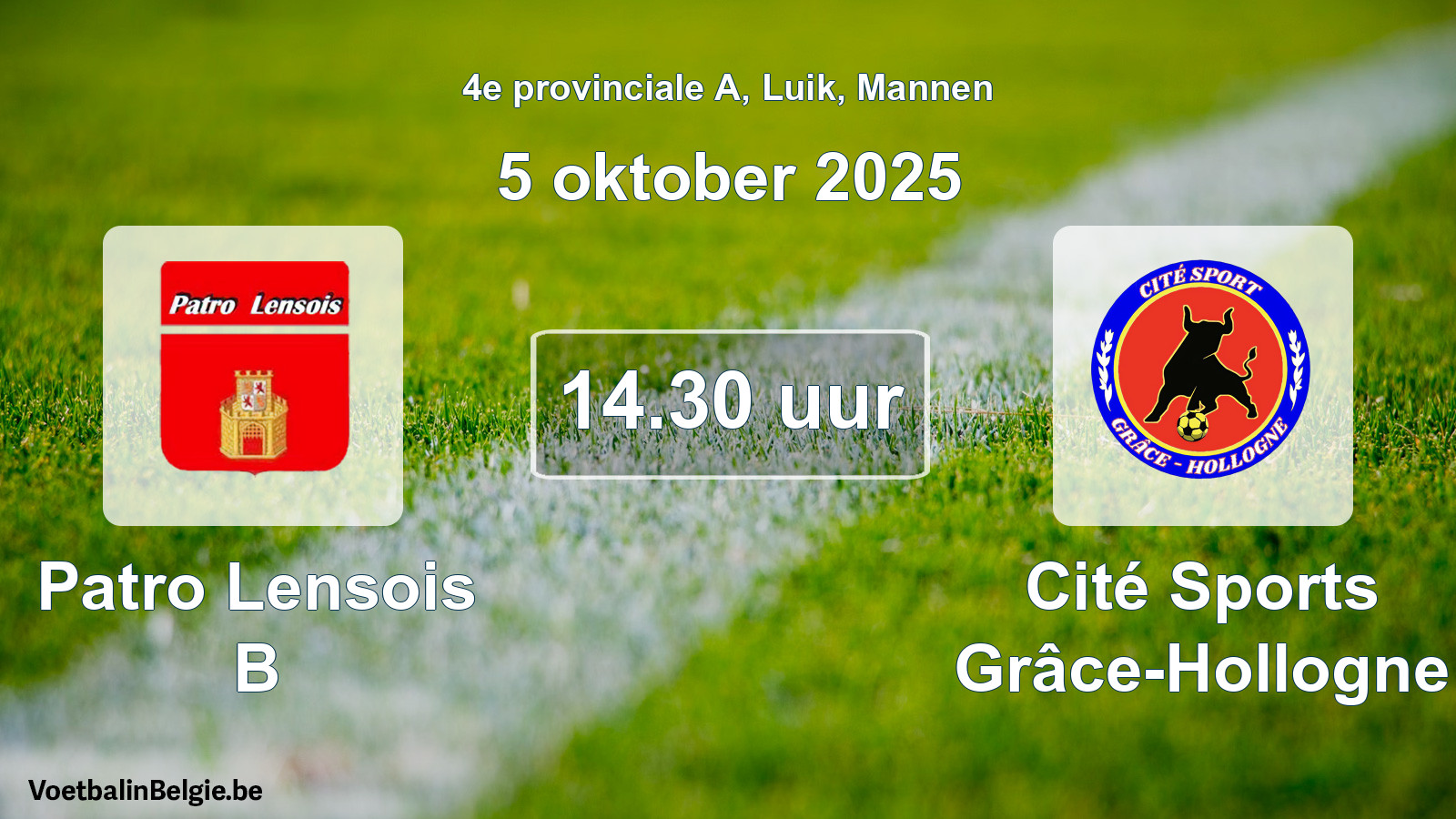 Geplantes Spiel männer-Fußball: Patro Lensois B - Cité Sports Grâce-Hollogne (5 Oktober 2025)