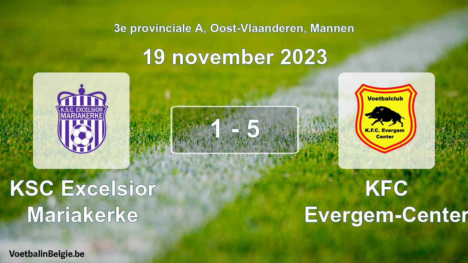Gespeelde wedstrijd mannenvoetbal: KSC Excelsior Mariakerke - KFC Evergem-Center 1 - 5 (19 november 2023)